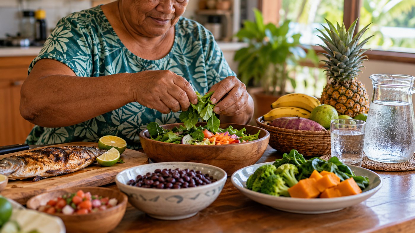 An older Pacific Island adult preparing a varied meal in a home kitchen