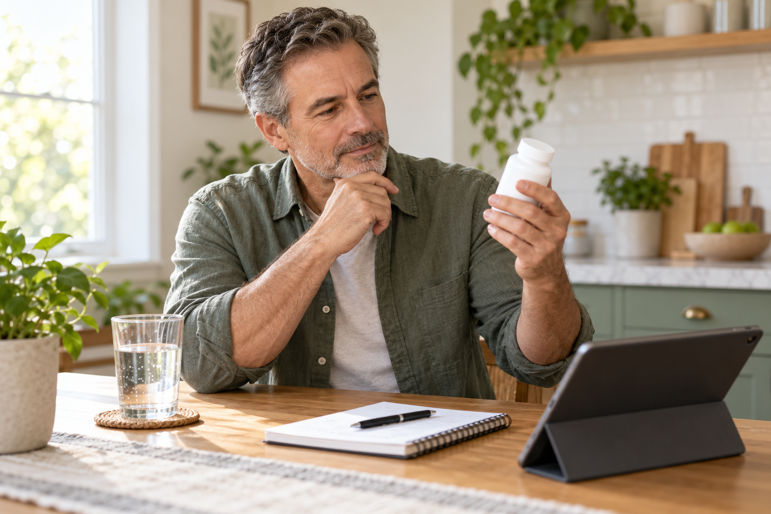 Editorial illustration of an adult reviewing a supplement label